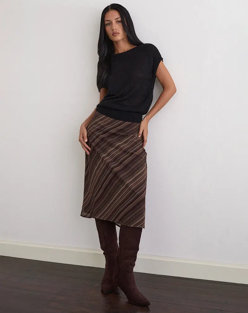 Abetzi Midi Skirt In Chiffon Mix Brown Stripe 1