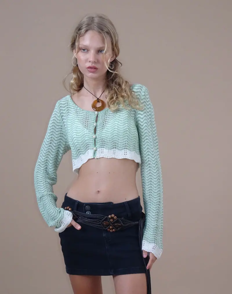 Aesha Cropped Cardigan In Sage Cream 1