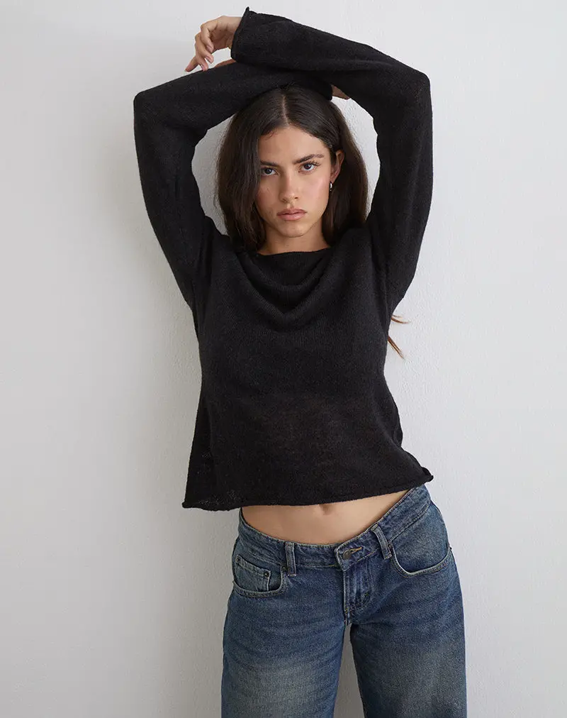 Aika Long Sleeve Top In Sheer Knit Black 1