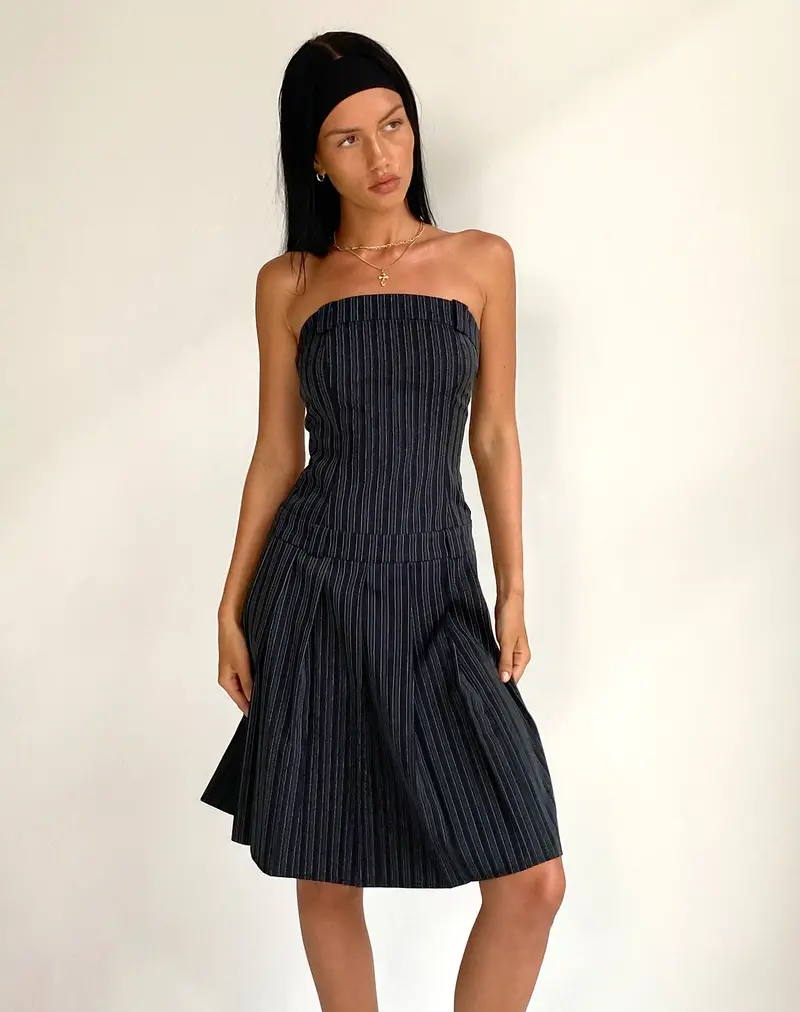 Aldari Bandeau Midi Dress In Tailoring Black Pinstripe 1