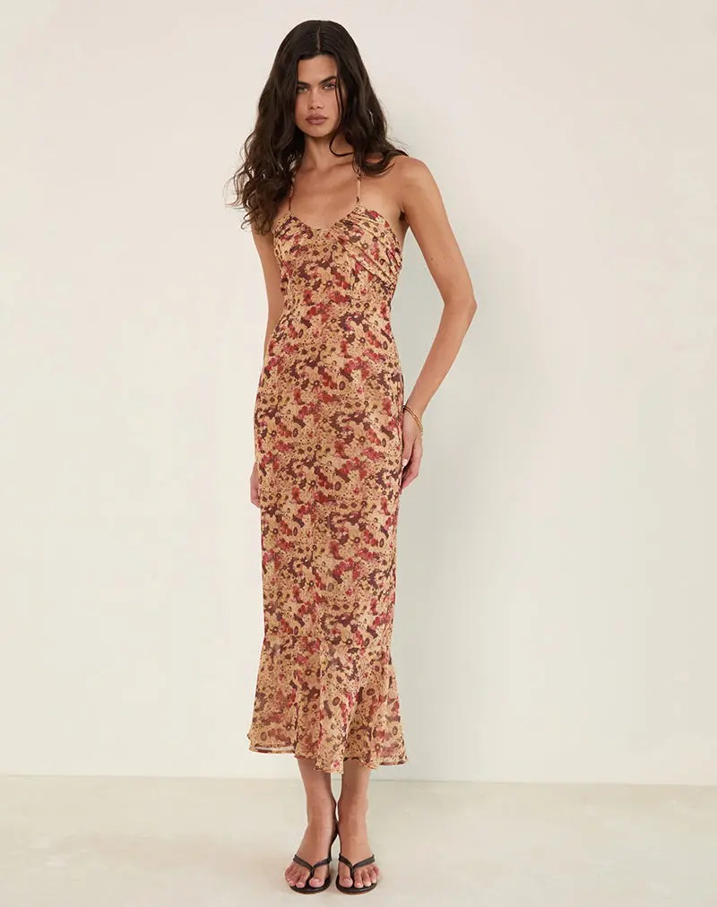 Alette Halterneck Maxi Dress In Chiffon Rusty Flower 1