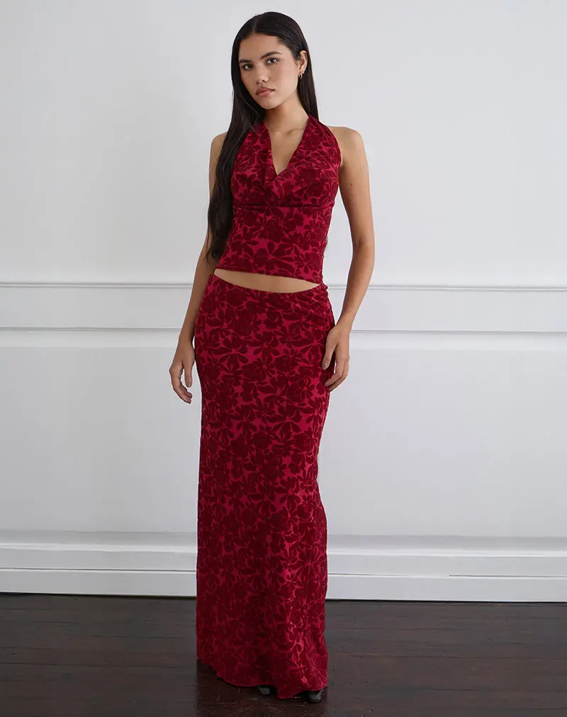 Alfreda Maxi Skirt In Flocked Mesh Flower Cherry 1