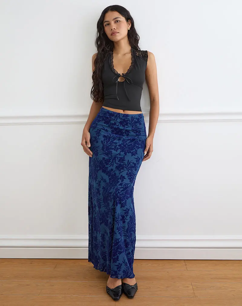 Alfreda Maxi Skirt In Midnight Leaf Flock Navy 1