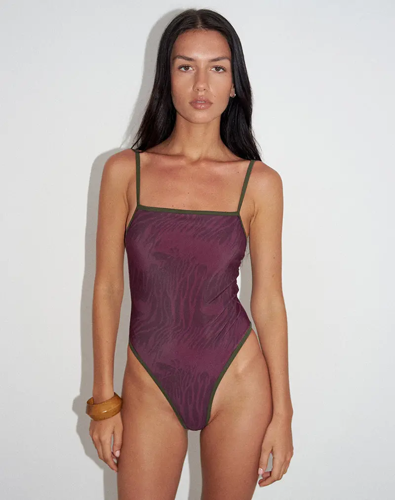 Anavah Swimsuit In Abstract Zebra Burgundy With Green Binding 1