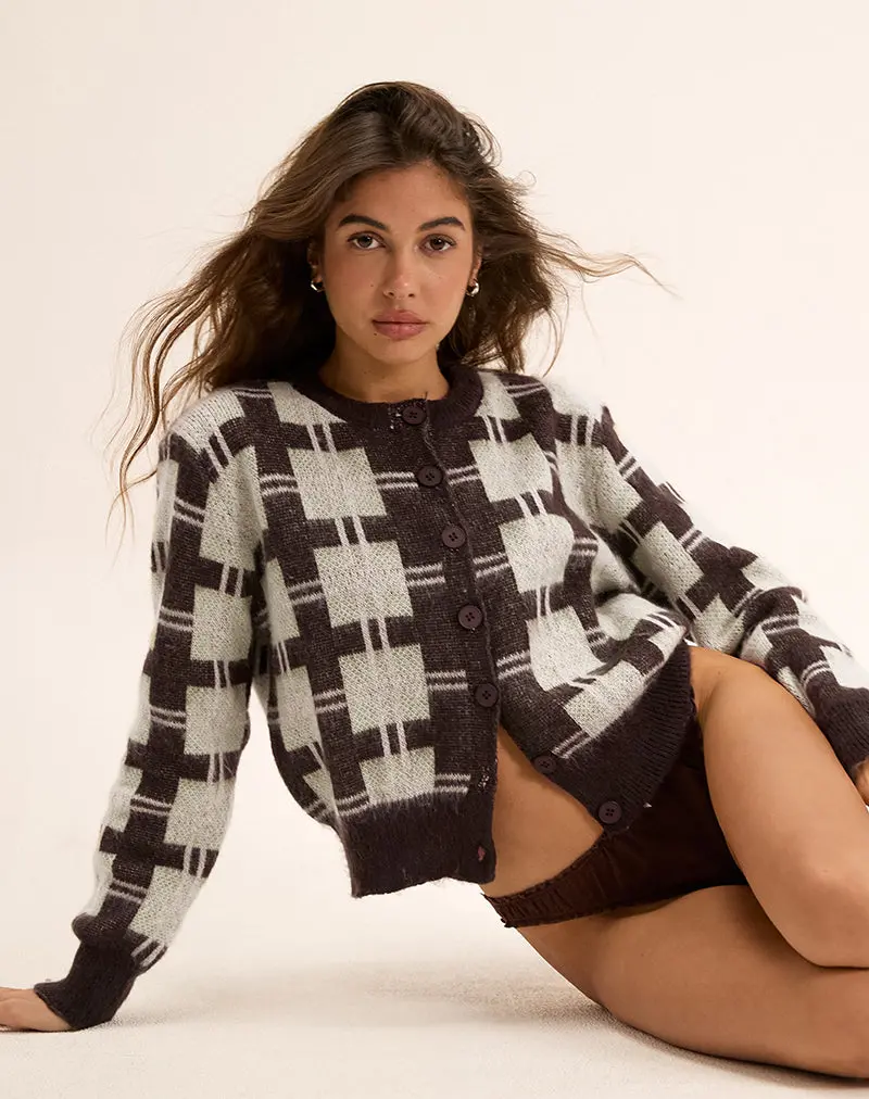 Anzio Knitted Cardigan In Check Brown 1