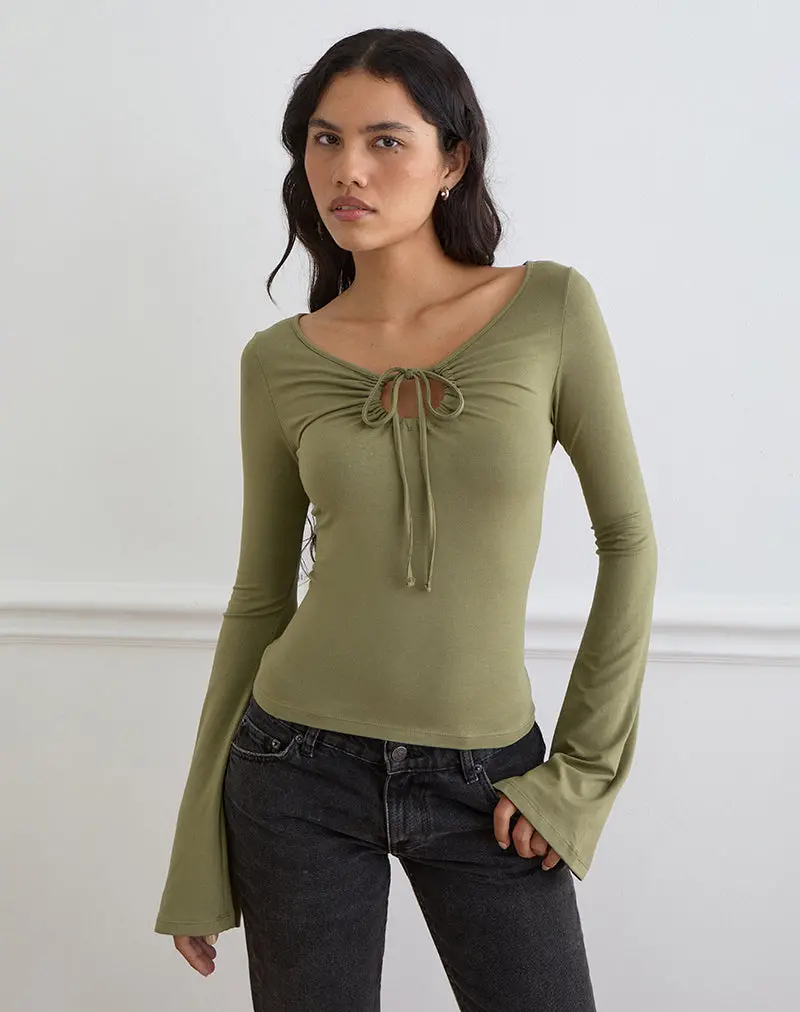 Armel Long Sleeve Keyhole Top In Rayon Jersey Khaki 1