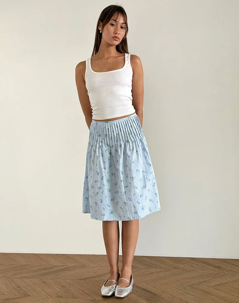 Asada Midi Skirt In Blue Flower Gingham 1