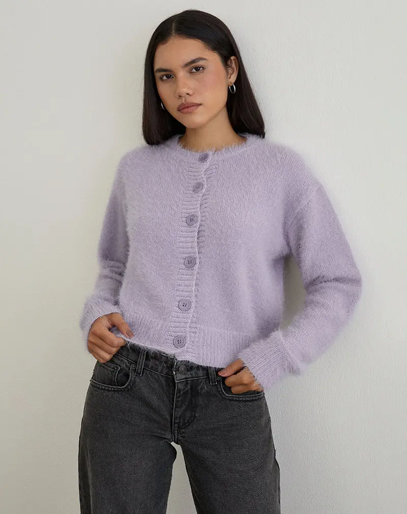 Audrina Cardigan In Fluffy Knit Dusty Lilac 1