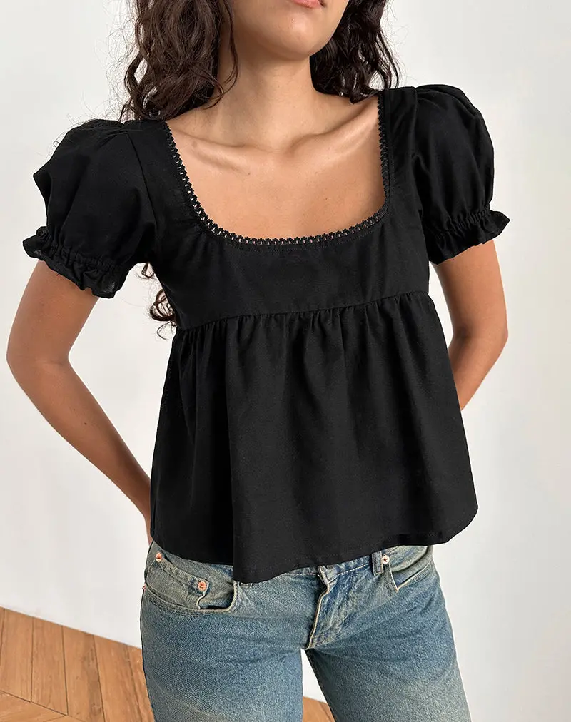 Axoni Square Neck Blouse In Linen Black 1