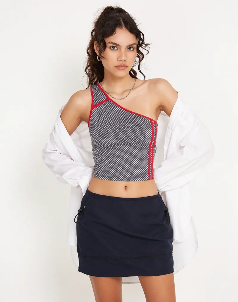 Baylor One Shoulder Top In Grey Red Sporty Micro Spot 1