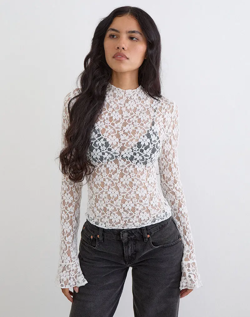 Beerus Long Sleeve Mock Neck Top In Lace Ivory 1