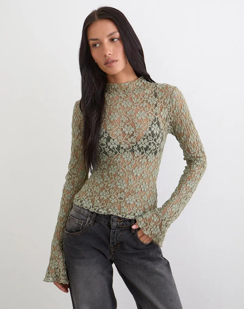 Beerus Long Sleeve Mock Neck Top In Lace Sage Green 1