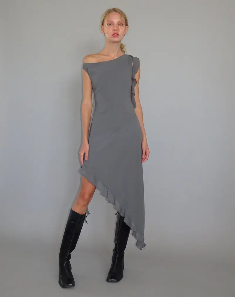 Beleri Ruffle Asymmetric Dress In Grey Chiffon 1