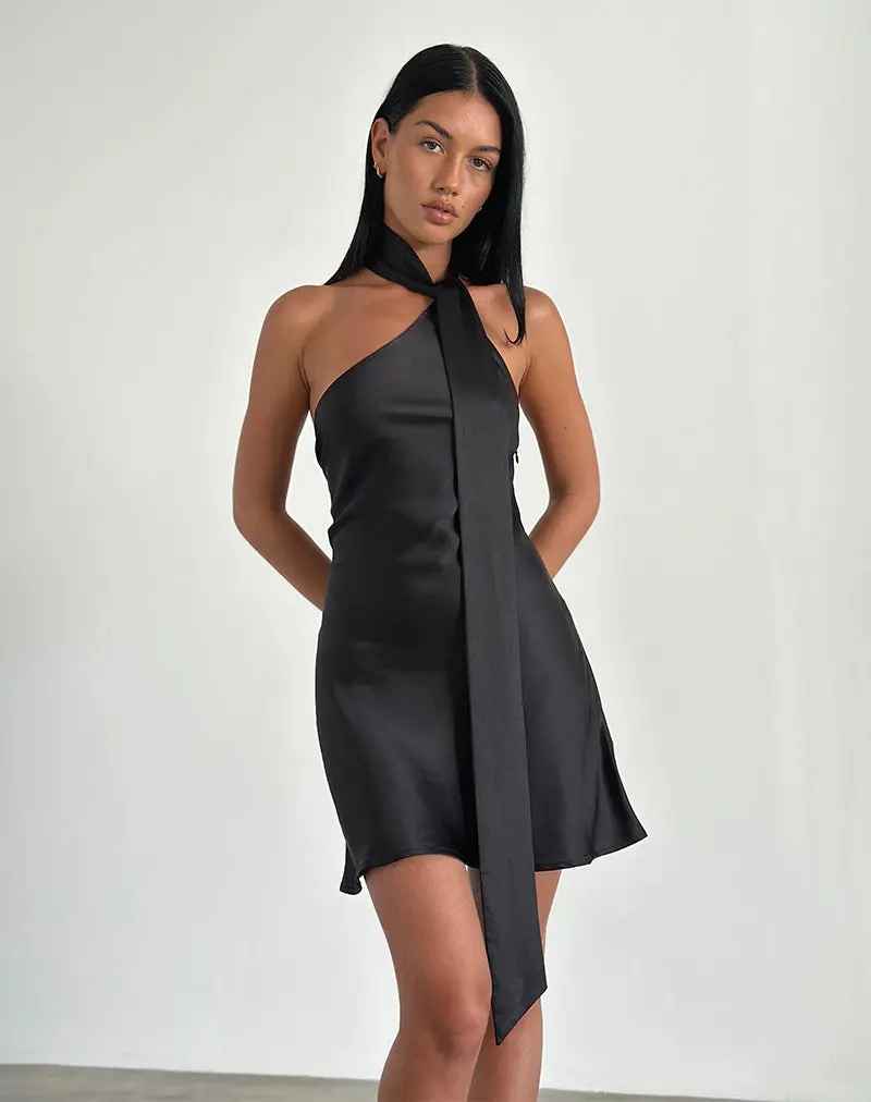 Brigid One Shoulder Satin Dress In Black 1