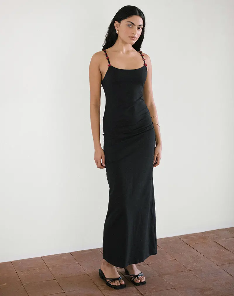 Cantana Maxi Dress In Black With Red Rosette 1