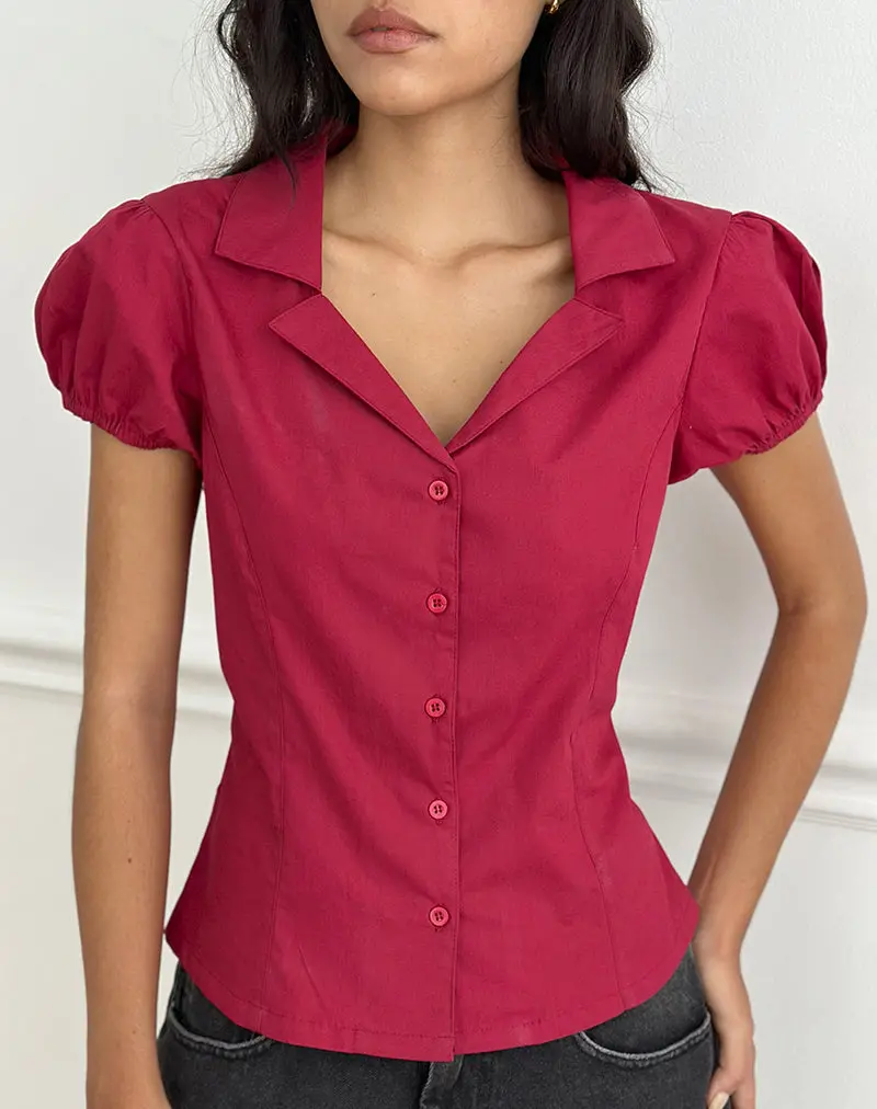 Cloma Fitted Blouse With Puff Sleeves In Adrenaline Red 1