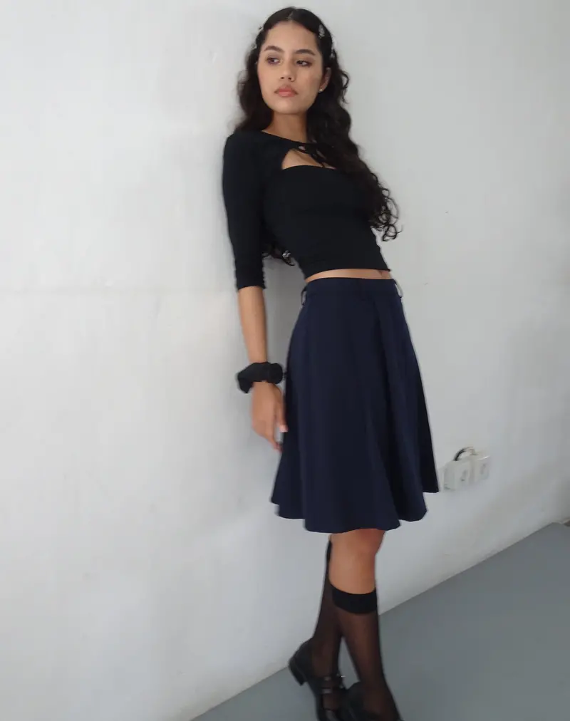 Colette Pleated Knee Length Skirt In Navy 1