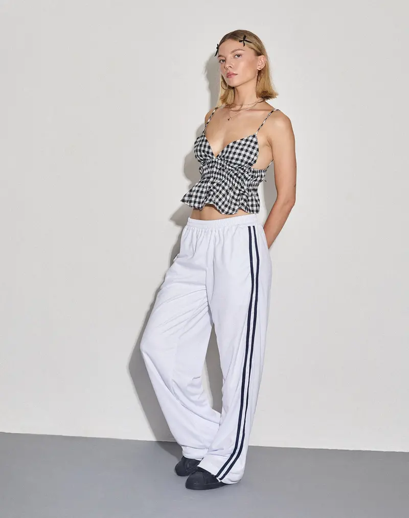 Coze Wide Leg Jogger In White With Navy Double Stripe 1