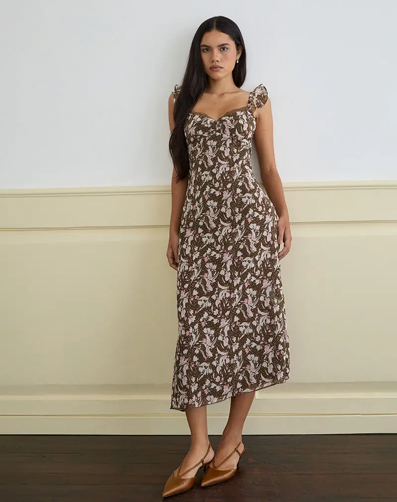 Daita Midi Dress In Chiffon Polka Flower Brown 1