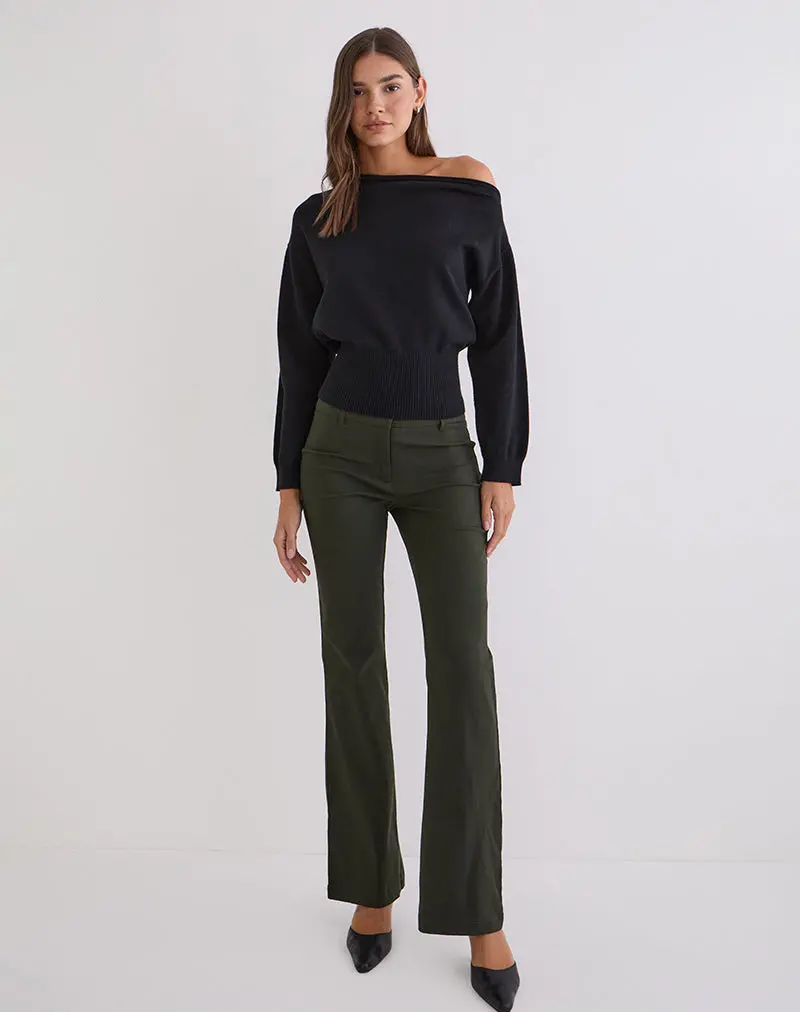 Darias Low Rise Flare Trouser In Dark Khaki 1