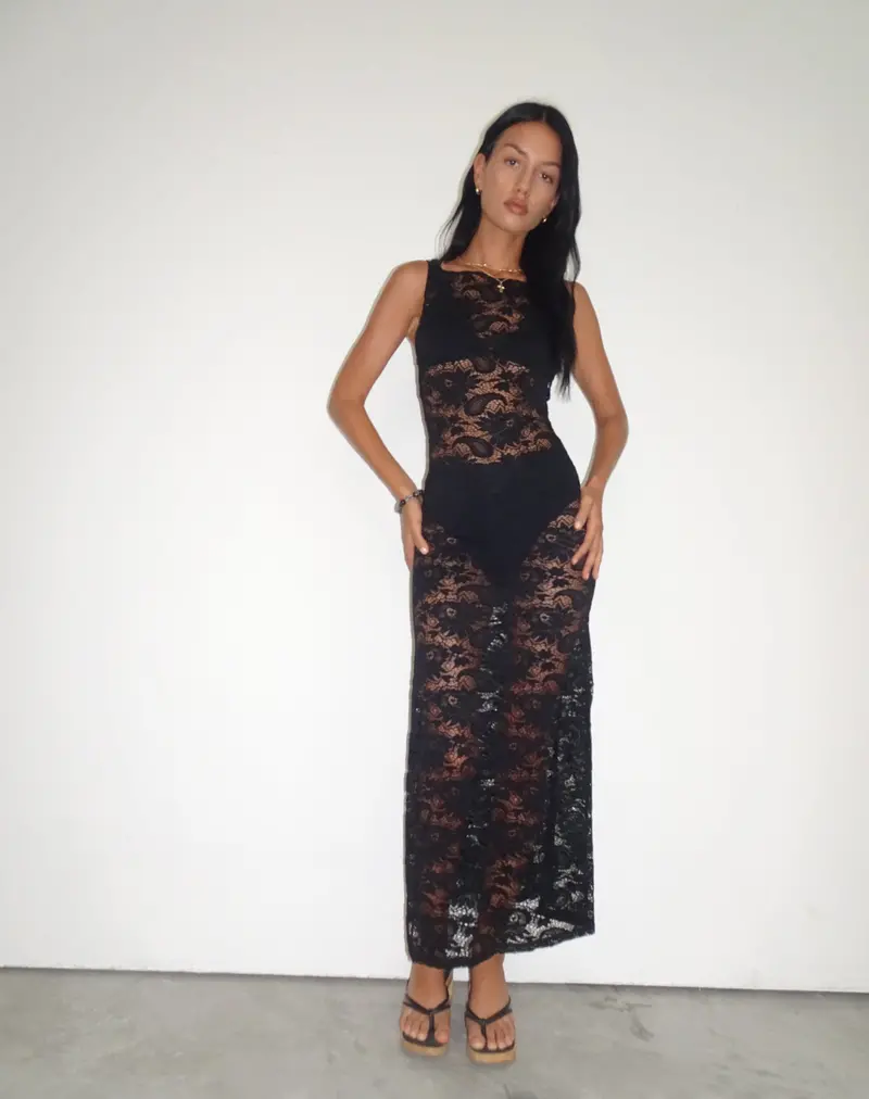 Daudy Tie Back Lace Maxi Dress In Jet Black Lace 1