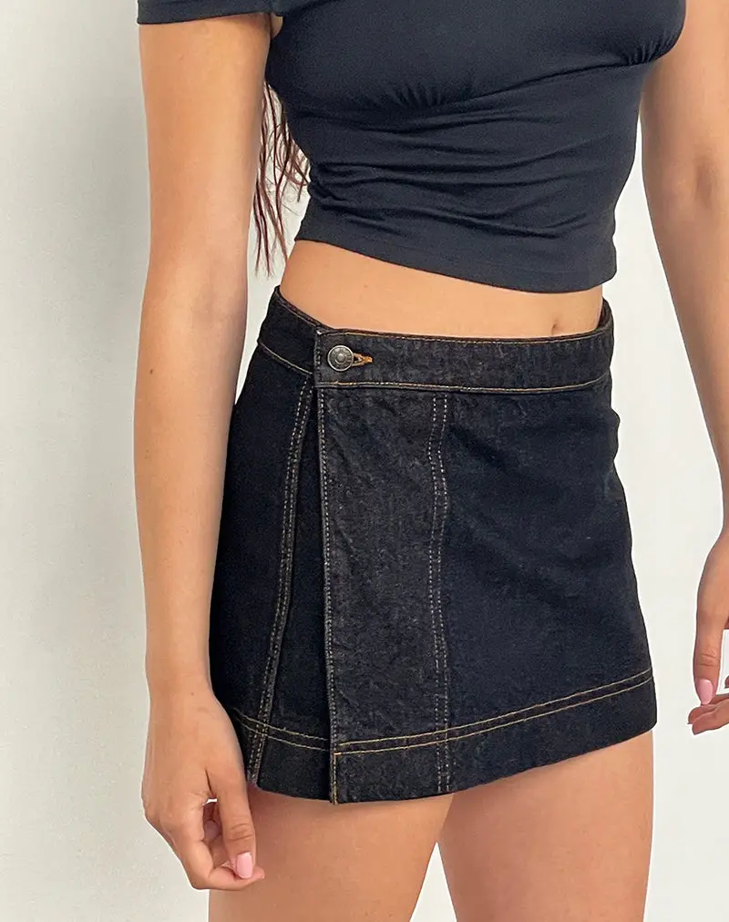 Denim Mini Wrap Skirt In Indigo 1