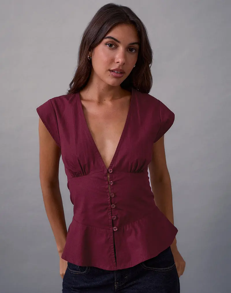 Devlin V Neck Blouse In Poplin Burgundy 1