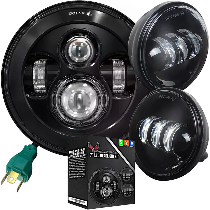 Eagle Lights 7" Led Headlight And 4.5" Led Passing Light Kit For Harley-Davidson® And Indian® Motorcycles - Generation I / Black 1