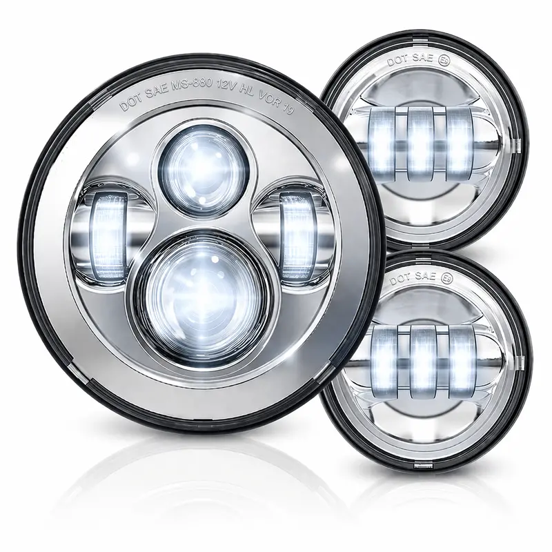 Eagle Lights 7" Led Headlight And 4.5" Led Passing Light Kit For Harley-Davidson® And Indian® Motorcycles - Generation I / Chrome 1