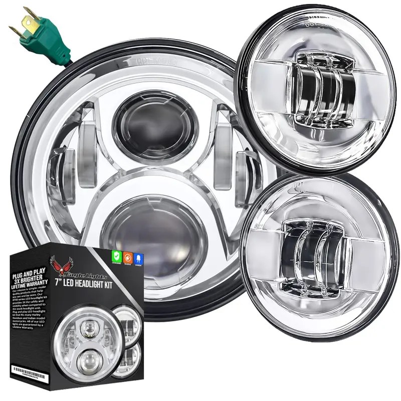 Eagle Lights 7" Led Headlight And 4.5" Led Passing Light Kit For Harley-Davidson® And Indian® Motorcycles - Generation Ii / Chrome 1