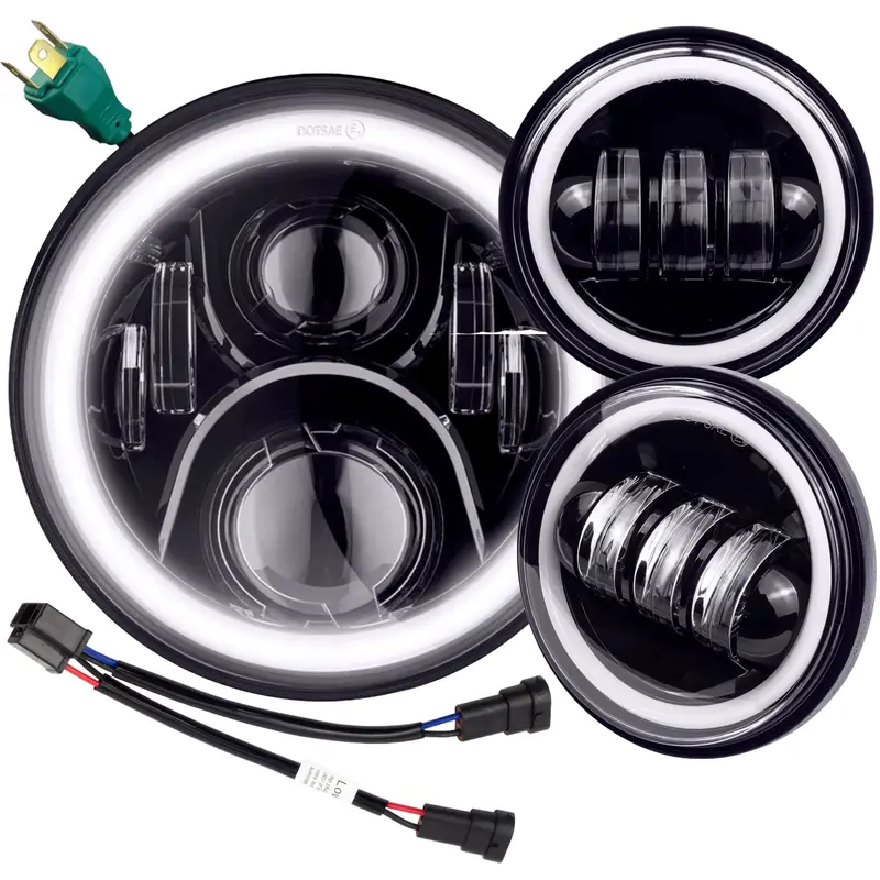 Eagle Lights 7" Led Headlight And 4.5" Led Passing Light Kit With Halo Rings For Harley-Davidson® And Indian Motorcycles - Generation Ii / Black / Halo Ring 3