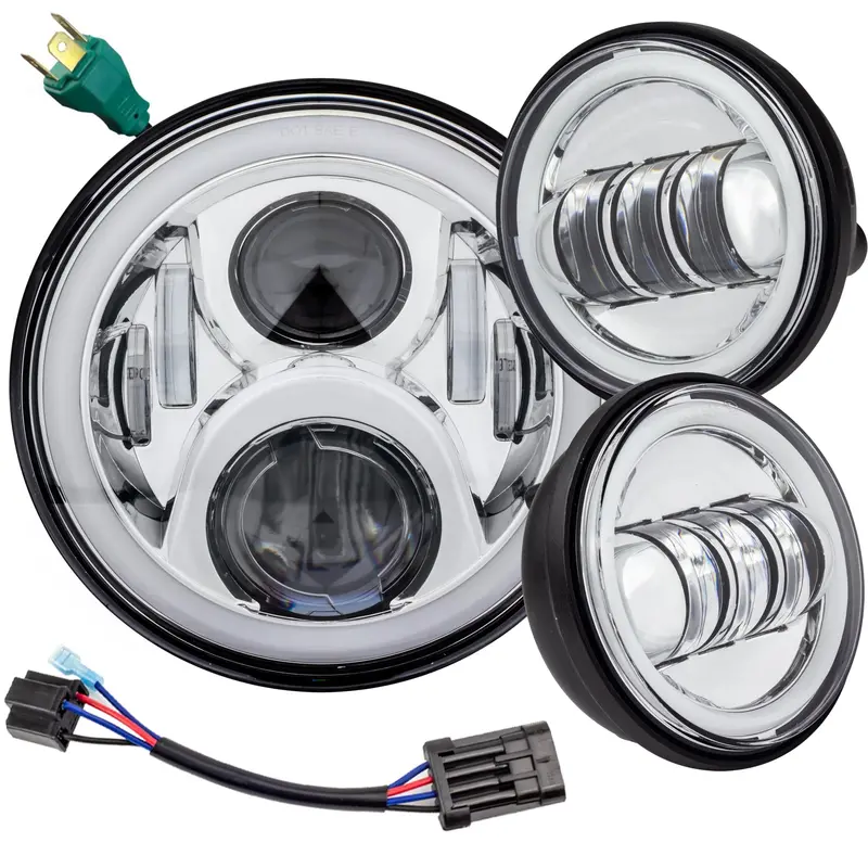 Eagle Lights 7" Led Headlight And 4.5" Led Passing Light Kit With Halo Rings For Harley-Davidson® & Indian® Motorcycles - Generation Ii / Chrome / Halo Ring 2