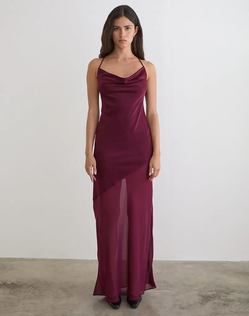 Eshara Maxi Dress In Chiffon Satin Burgundy 1