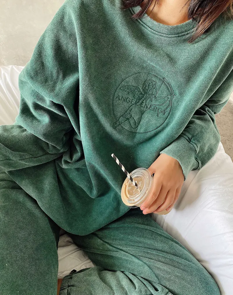Glo Sweatshirt In Washed Green 'Angel Energy' Cherub Embro 1
