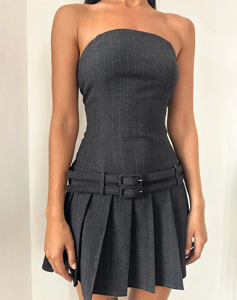 Haika Double Belt Mini Dress In Charcoal With White Stripe 1