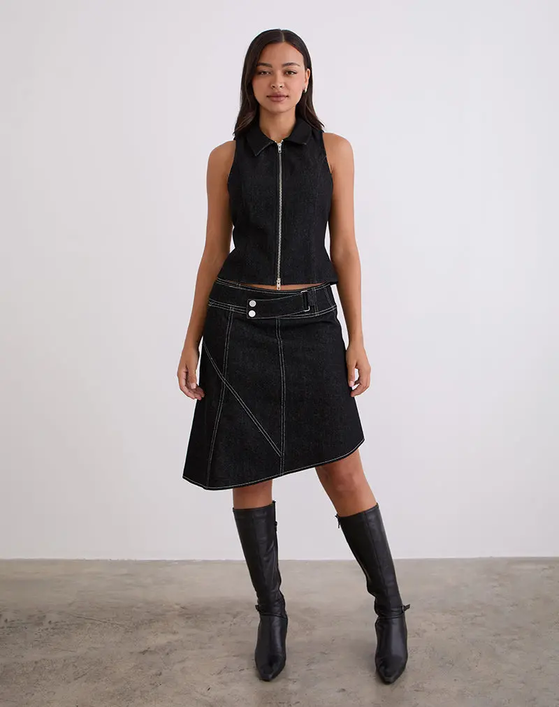 Hayashi Asymmetrical Midi Skirt In Denim Black Wash 1