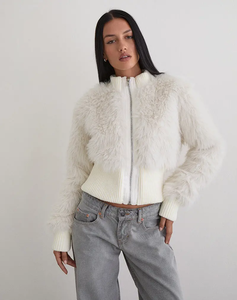 Homari Shaggy Faux Fur Jacket In Cream 1