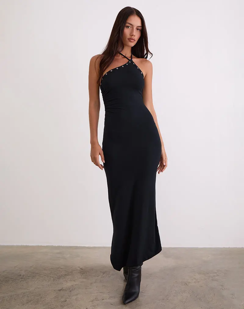 Ishikawa Asymmetrical Maxi Dress With Eyelets In Black 1