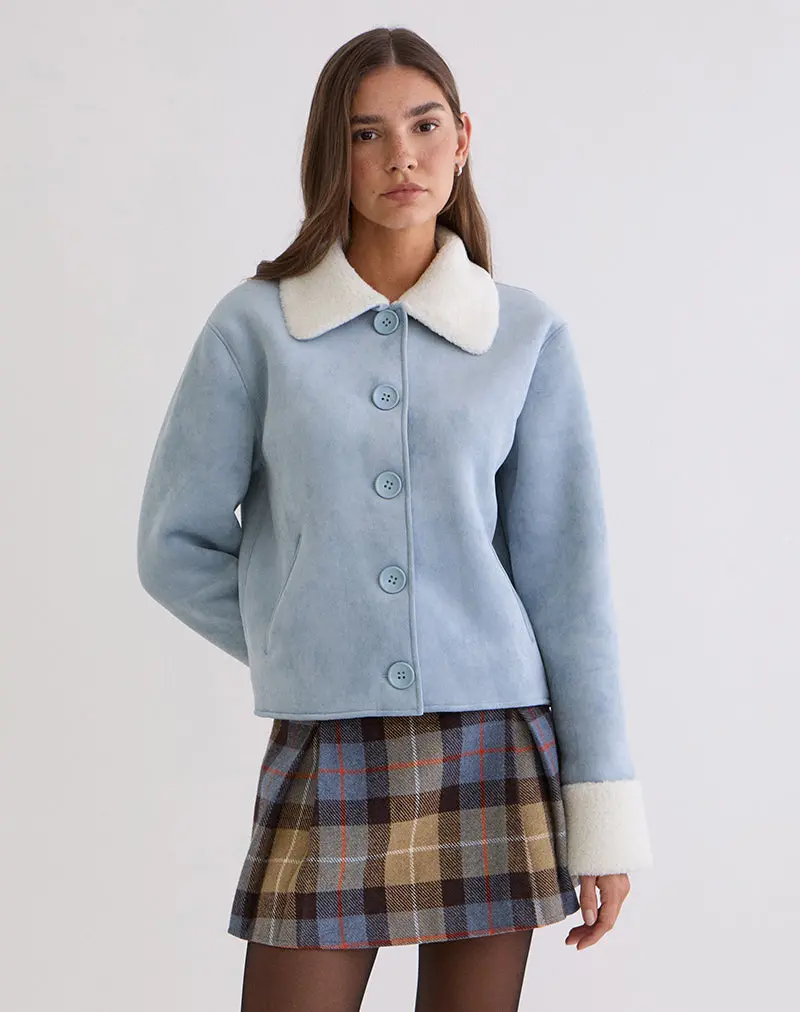 Jano Jacket In Faux Suede Blue With Borg 1