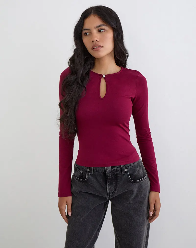 Jenji Long Sleeve Top With Pearl Button In Burgundy 1