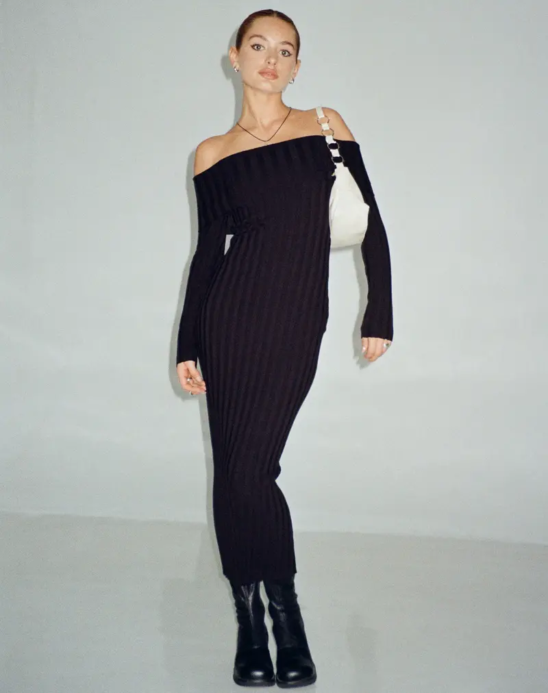 Jesuita Bardot Knitted Midi Dress In Black 1