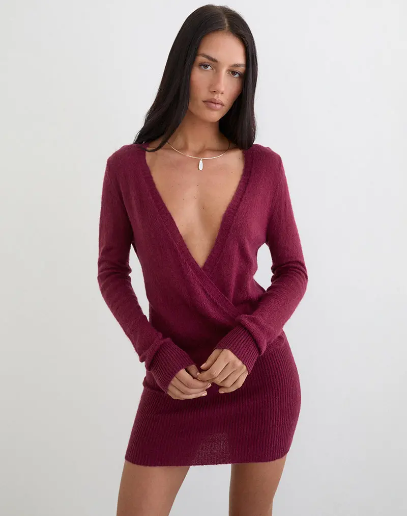 Junbi Wrap Mini Dress In Knit Wine 1