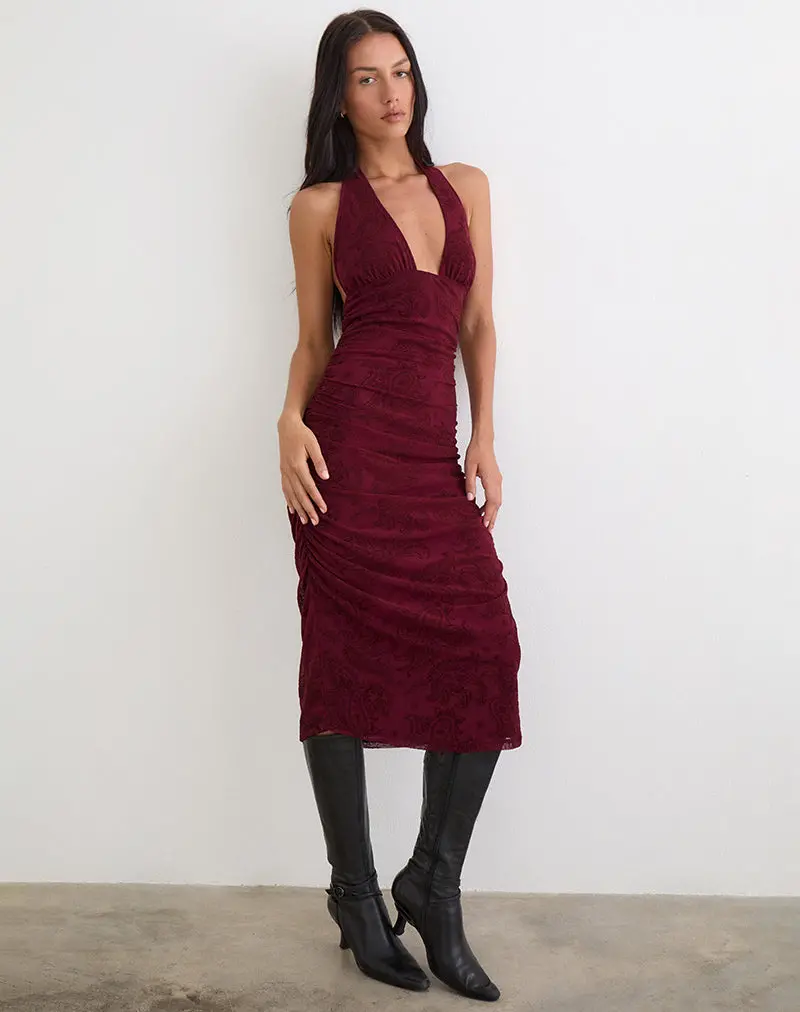 Kamau Dress In Flock Compact Paisley Wine 1