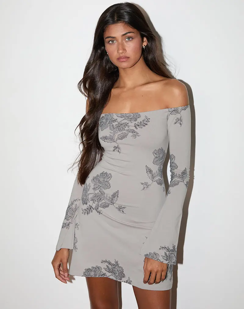 Kausar Off Shoulder Mini Dress In Lace Flower Grey 1