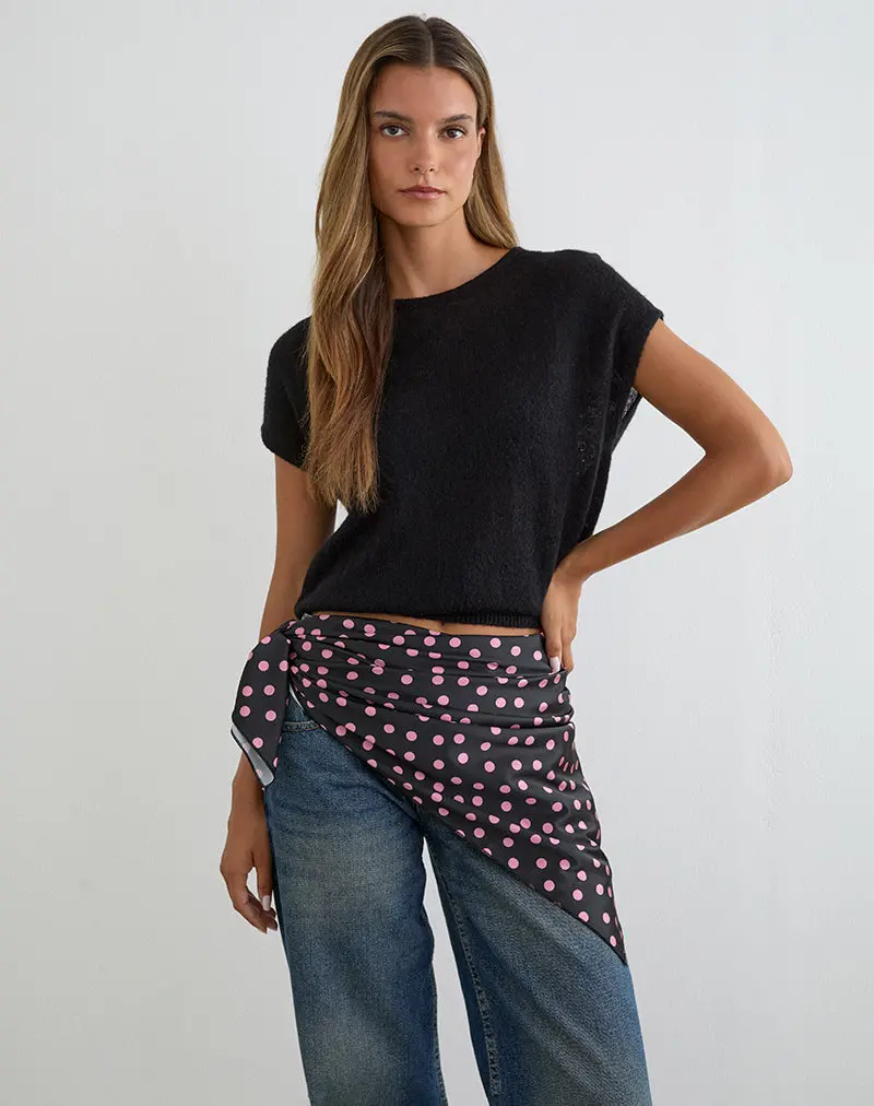 Kavra Scarf In Black Satin Scattered With Pink Polka 1