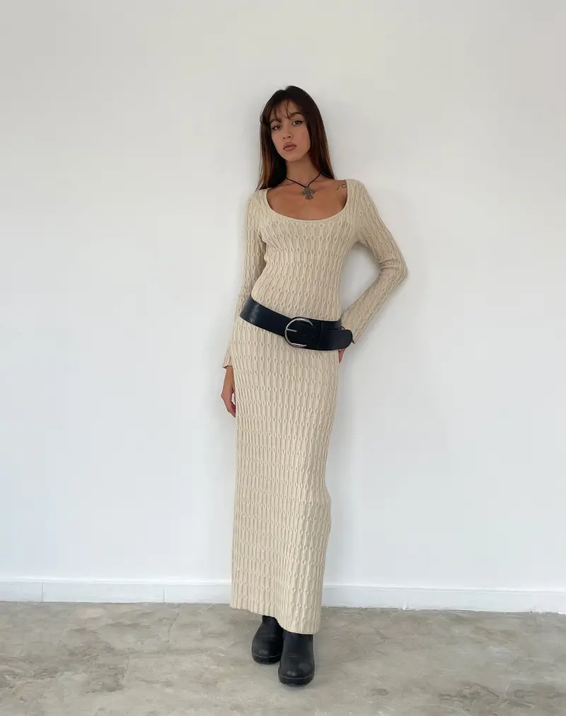 Kiasta Long Sleeve Maxi Dress In Neutral Knit 1