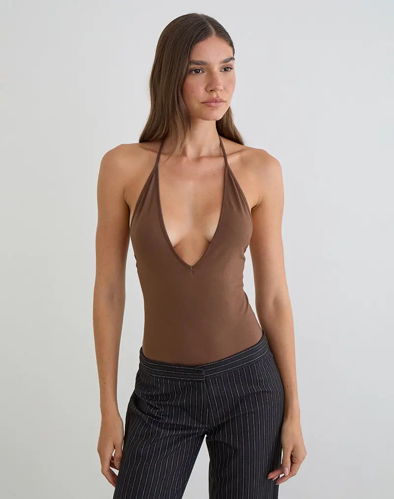 Kitty Deep Plunge Bodysuit In Cocoa 1