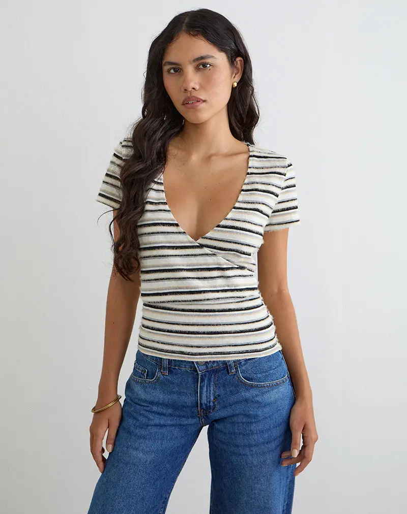 Lenice Top In Cream And Brown Striped Knit 1