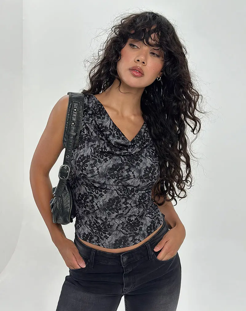 Lizette Cowl Neck Top In Midnight Floral Grey 1