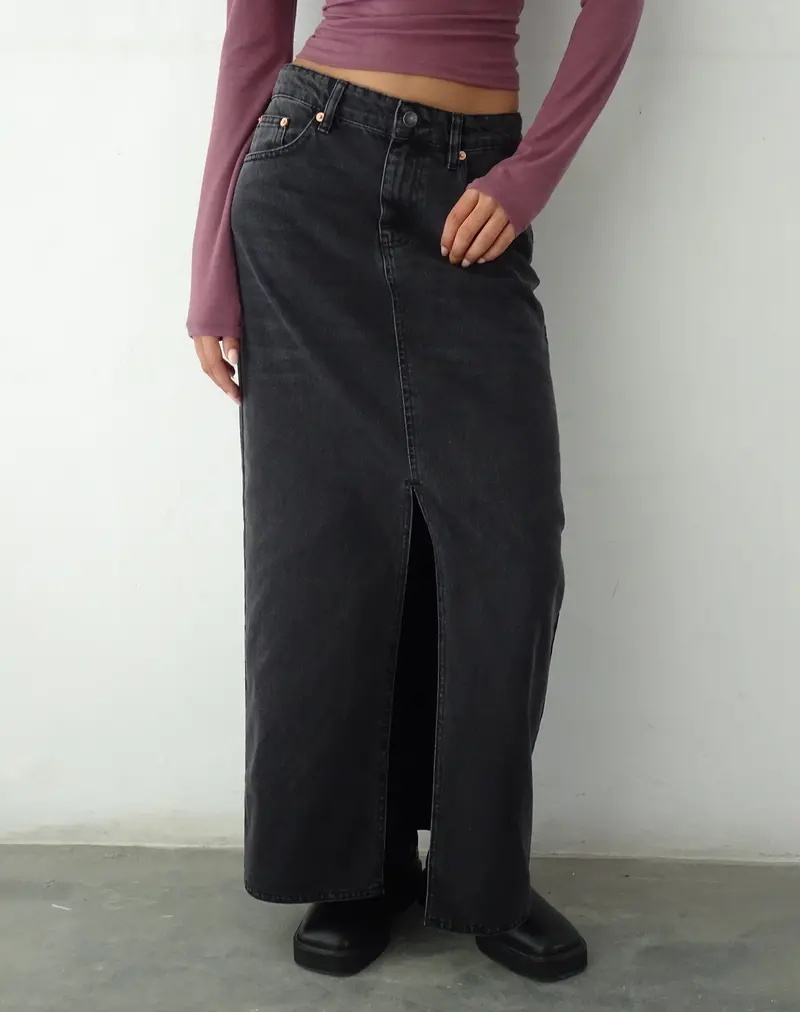 Low Rise Denim Maxi Skirt In Vintage Black 1